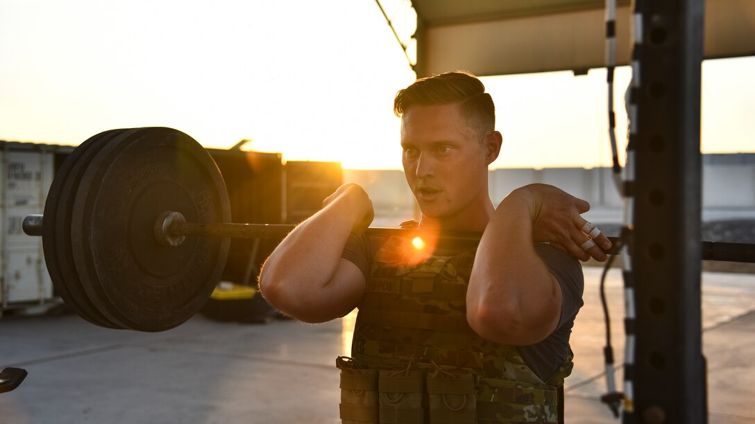 A U.S. Air Force Airman participates in the EOD 134 Memorial Workout at Al Dhafra Air Base, United Arab Emirates, Nov. 30, 2018. 380th Air Expeditionary Wing Airmen, along with coalition partners, participated in the workout to honor the 134 EOD technicians from the U.S. Air Force, Army, Navy and Marine Corps that have been killed since Sept. 11, 2001. (U.S. Air Force photo by Senior Airman Mya M. Crosby)