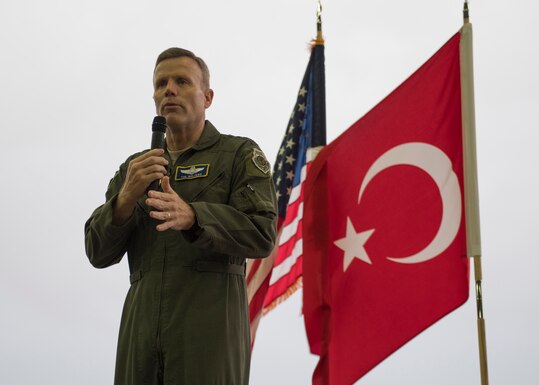 U.S. Air Force Gen. Tod D. Wolters, U.S. Air Forces in Europe-Air Forces Africa commander, speaks during an all-call at Incirlik Air Base, Turkey, Dec. 6, 2018.
