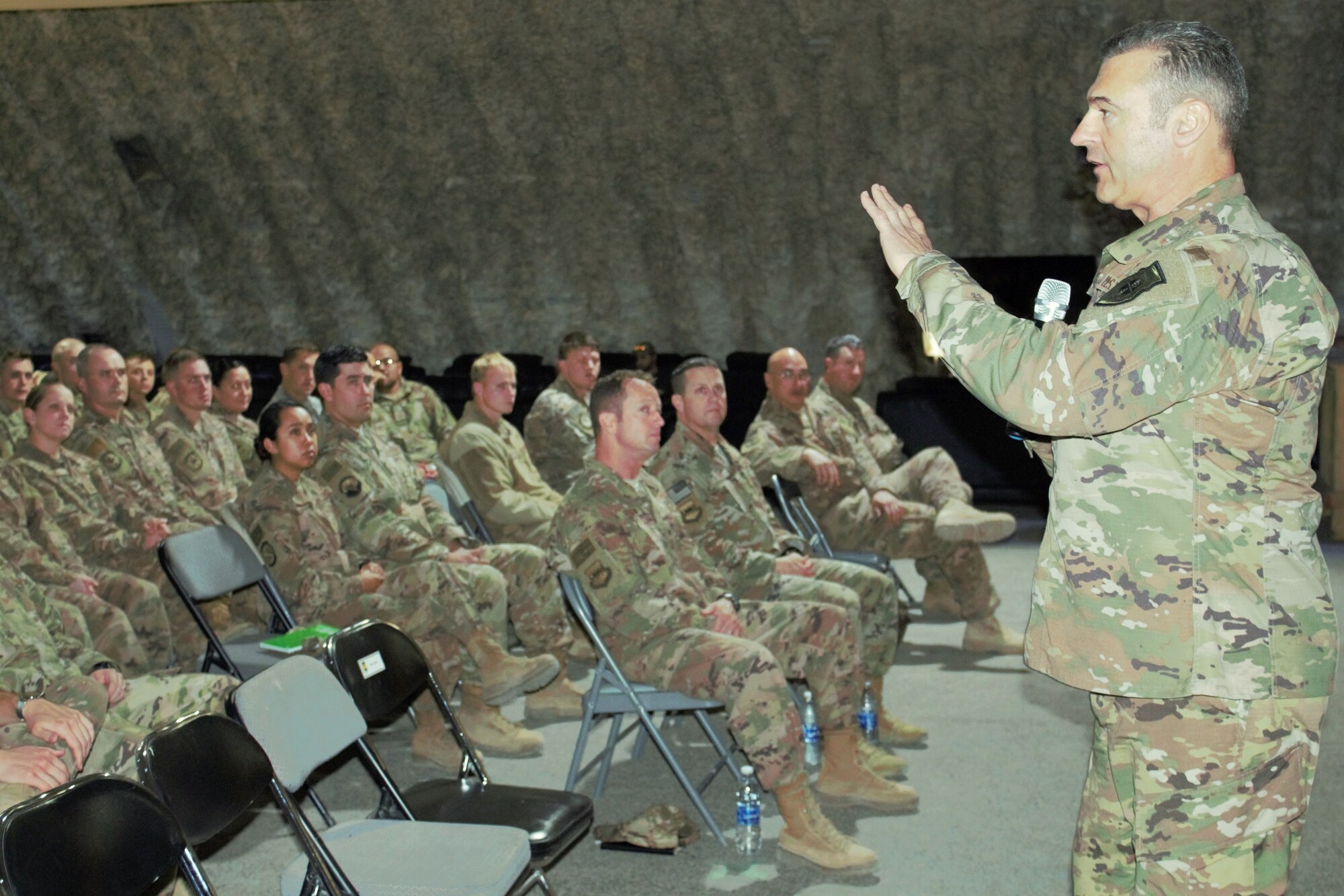 Lt. Gen. Joseph T. Guastella, U.S. Air Forces Central Command commander, addresses members of the 332d Air Expeditionary Wing Dec. 4, 2018.  Guastella recognized Airmen for their exceptional service in support of U.S. Air Forces Central Command operations.  “What you do matters, and I thank you,” he said. (U.S. Air Force photo by Maj. John T. Stamm)