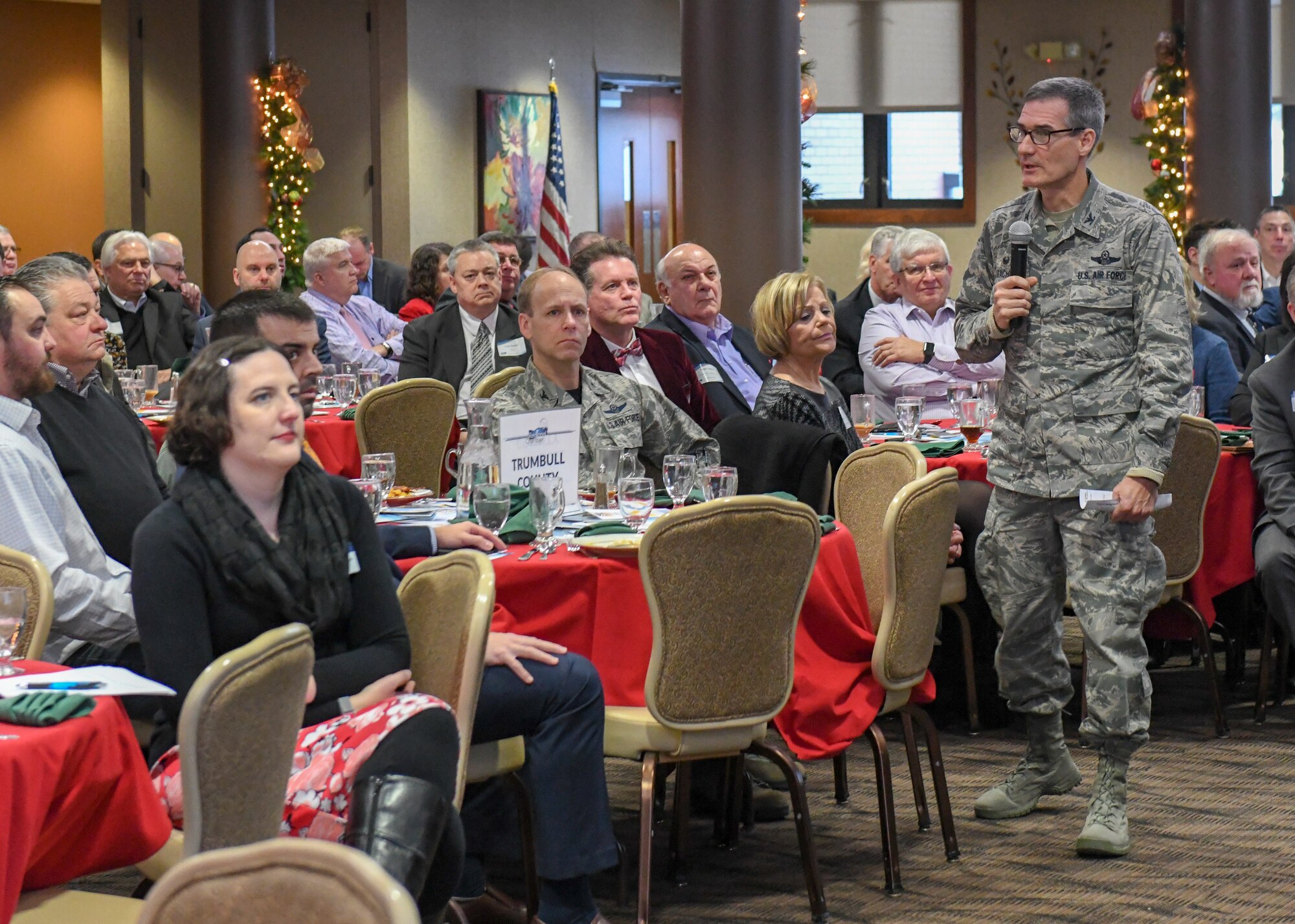 Col. Dan Sarachene, 910th Airlift Wing commander, shares the mission, vision and status of Youngstown Air Reserve Station at the Youngstown-Warren Regional Chamber's annual "Good Morning, Trumbull County!" breakfast.