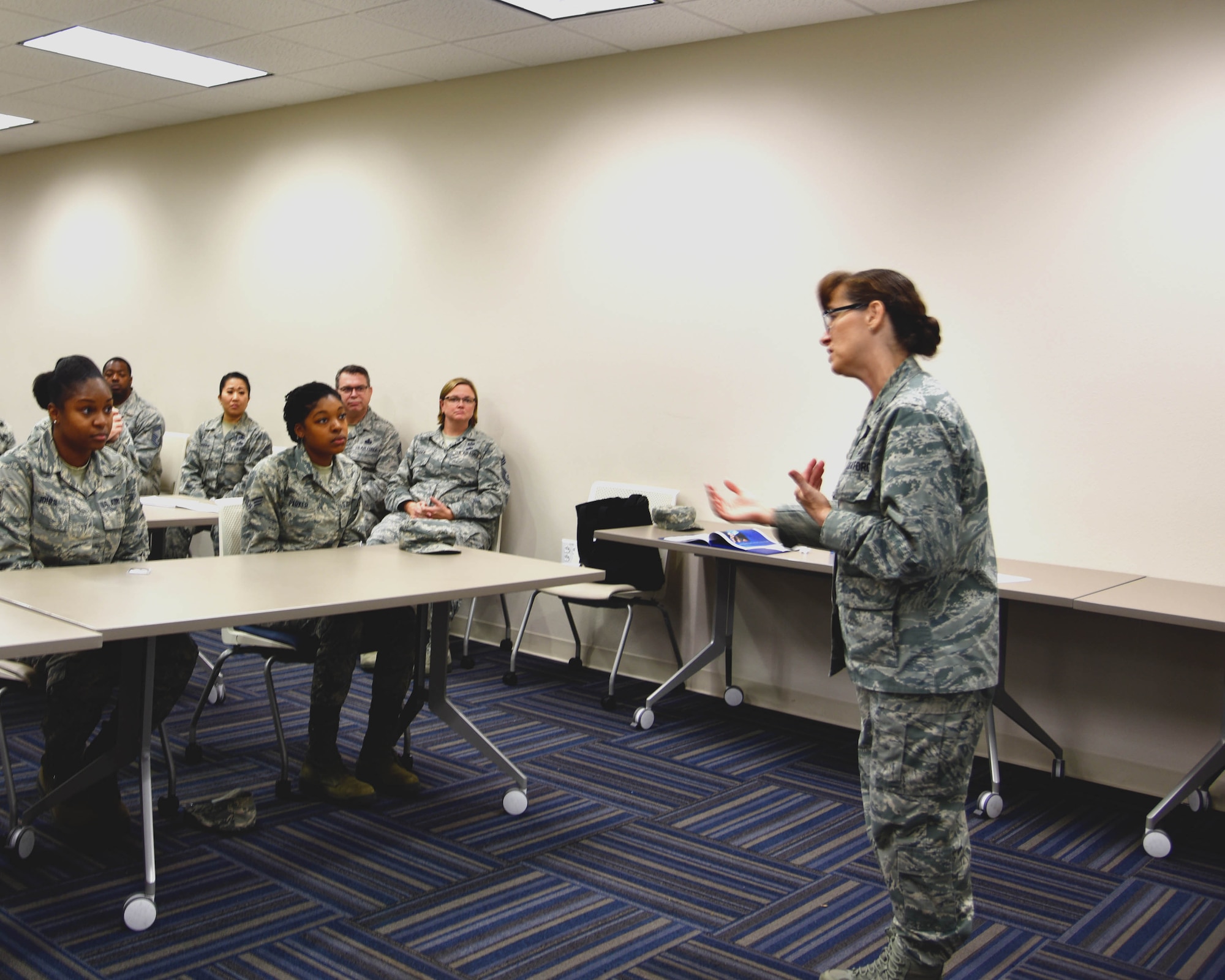 The Air Force Reserve director of manpower, personnel and services spoke on recruiting and retaining quality Airmen during a Force Support Squadron all call Dec. 1, 2018.