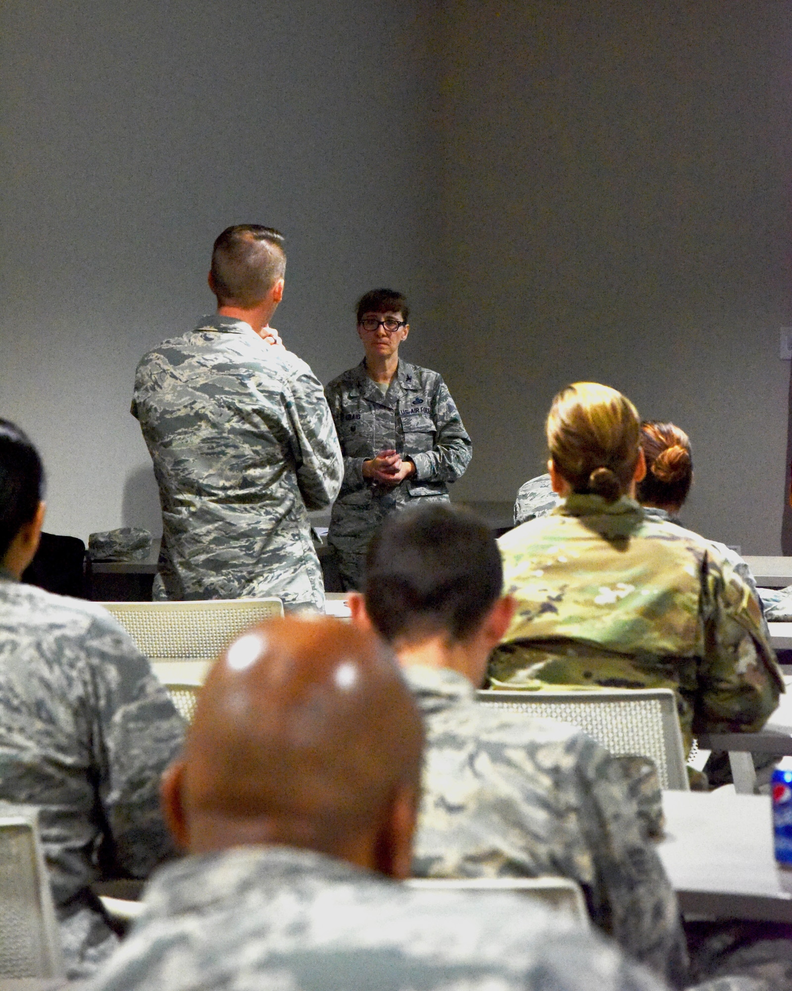 The Air Force Reserve director of manpower, personnel and services spoke on recruiting and retaining quality Airmen during a Force Support Squadron all call Dec. 1, 2018.