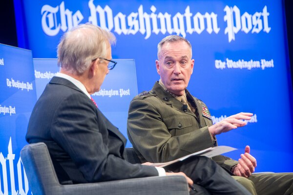 Marine Corps Gen. Joe Dunford, chairman of the Joint Chiefs of Staff, answers questions from David Ignatius, Washington Post columnist, and discusses key threats facing the United States now, and in the future, as part of the "Transformers Defense" summit for Washington Post Live in Washington, D.C., Dec, 6, 2018.