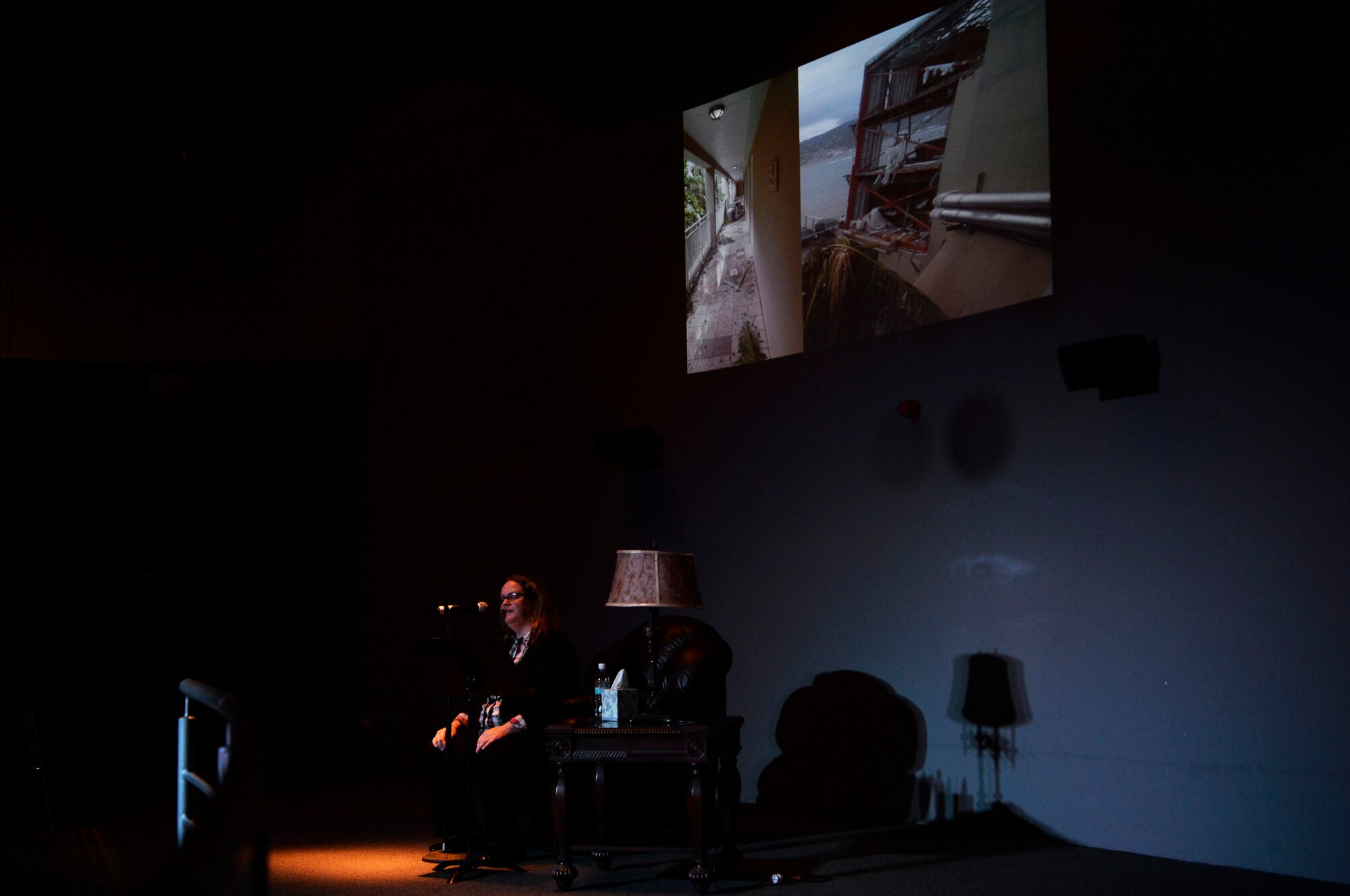 Natalie Luksan, 86th Airlift Wing Airman Ministry Center director, shares her story of resilience during a Storytellers event on Ramstein Air Base, Germany, Nov. 16, 2018. Luksan was vacationing in the U.S. Virgin Islands shortly before Hurricane Irma struck her location. (U.S. Air Force photo by Staff Sgt. Nesha Stanton)