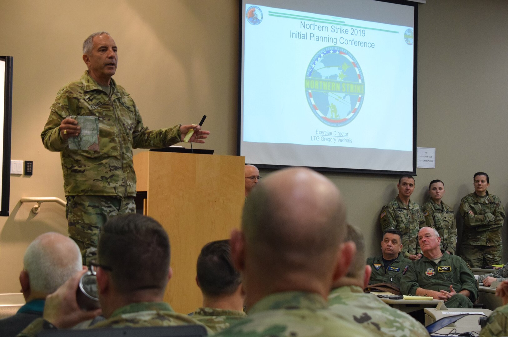 Maj. Gen. Gregory Vadnais, Michigan National Guard adjutant general, speaks at the Northern Strike 19 Initial Planning Conference (IPC), Fort Custer Training Center, Mich., Dec. 4, 2018