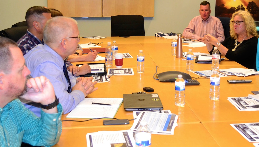 Representatives from DLA Troop Support and U.S. Forest Service discuss planning for operation support during a meeting at DLA Troop Support Nov. 6, 2018 in Philadelphia.