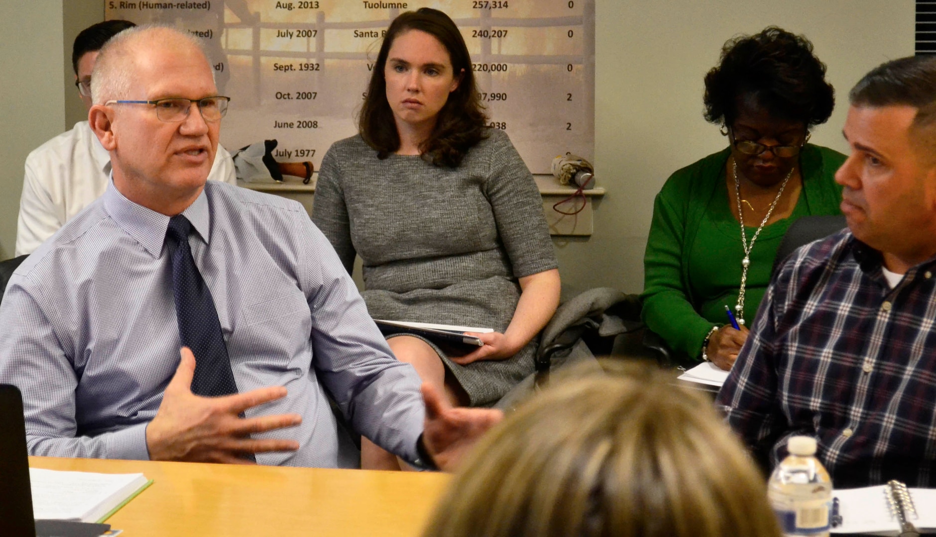 David Haston, U.S. Forest Service Fire and Aviation Management Equipment and Chemicals Branch chief, left, talks with DLA representatives during a meeting at DLA Troop Support Nov. 6, 2018 in Philadelphia.