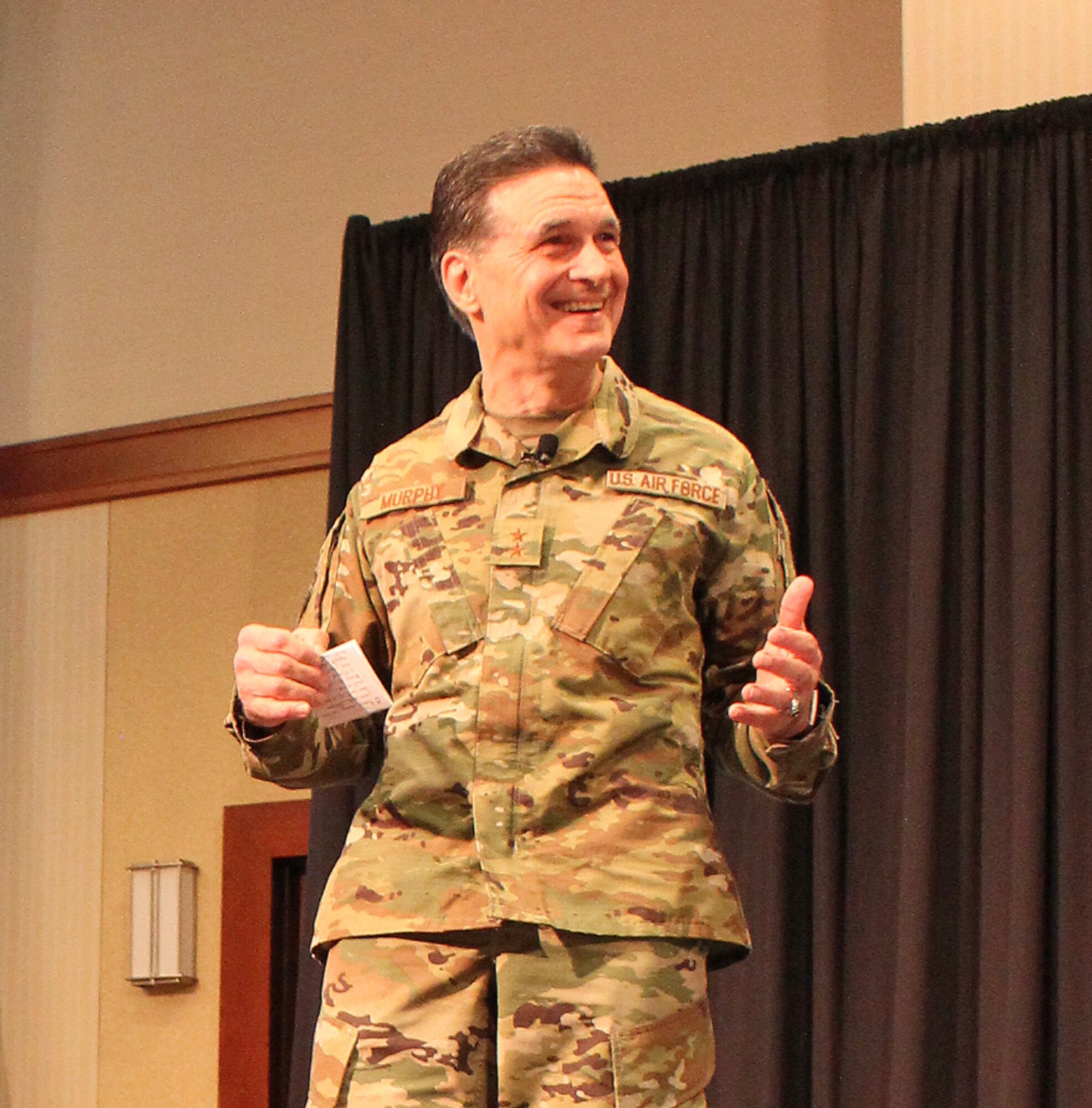 U.S. Air Force Maj. Gen. (Dr.) Sean L. Murphy, Deputy Surgeon General, speaks during the 2018 Air Force Medical Service Senior Leadership Workshop at the National Conference Center in Leesburg, Va., Dec. 5, 2018. Murphy, along with U.S Air Force Lt. Gen. Dorothy Hogg, Air Force Surgeon General, recognized Airmen as part of the Trusted Care “How Do You C.A.R.E.” campaign. (U.S. Air Force photo by Josh Mahler)