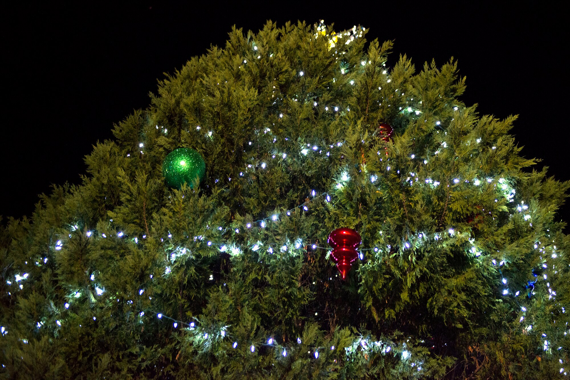 An illuminated tree stands during the Tree Lighting Ceremony, Nov. 30, 2018, at Moody Air Force Base, Ga. The event continues the tradition of families of deployed Airmen lighting the base Christmas tree. As a way to celebrate the sacrifices of Team Moody Airmen and their families, the base also hosted a parade and other holiday festivities. (U.S. Air Force photo by Airman 1st Class Erick Requadt)