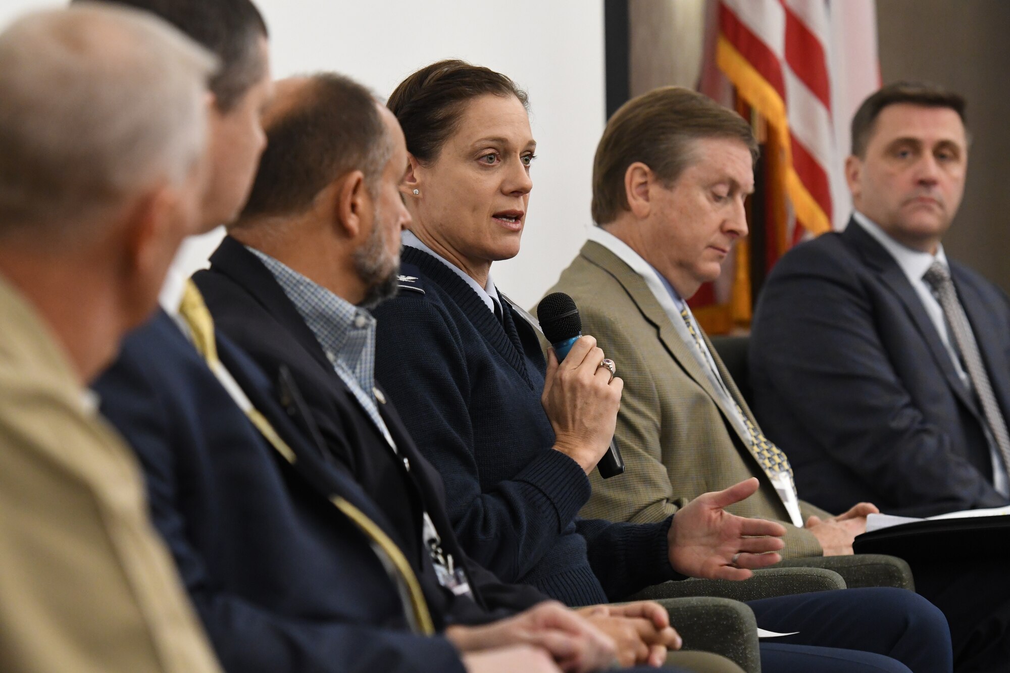 U.S. Air Force Col. Marcia Quigley, 81st Mission Support Group commander, participates in a panel discussion during the Mississippi Gulf Coast Defense Forum inside the Courtyard by Marriott Gulfport Beachfront in Gulfport, Mississippi, Dec. 3, 2018. The two-day event connected Defense Department leaders at the secretariat level with state leaders bringing key decision makers to the state to show its tremendous assets, facilitate communication between the installation commanders and their associated community leaders. (U.S. Air Force photo by Kemberly Groue)