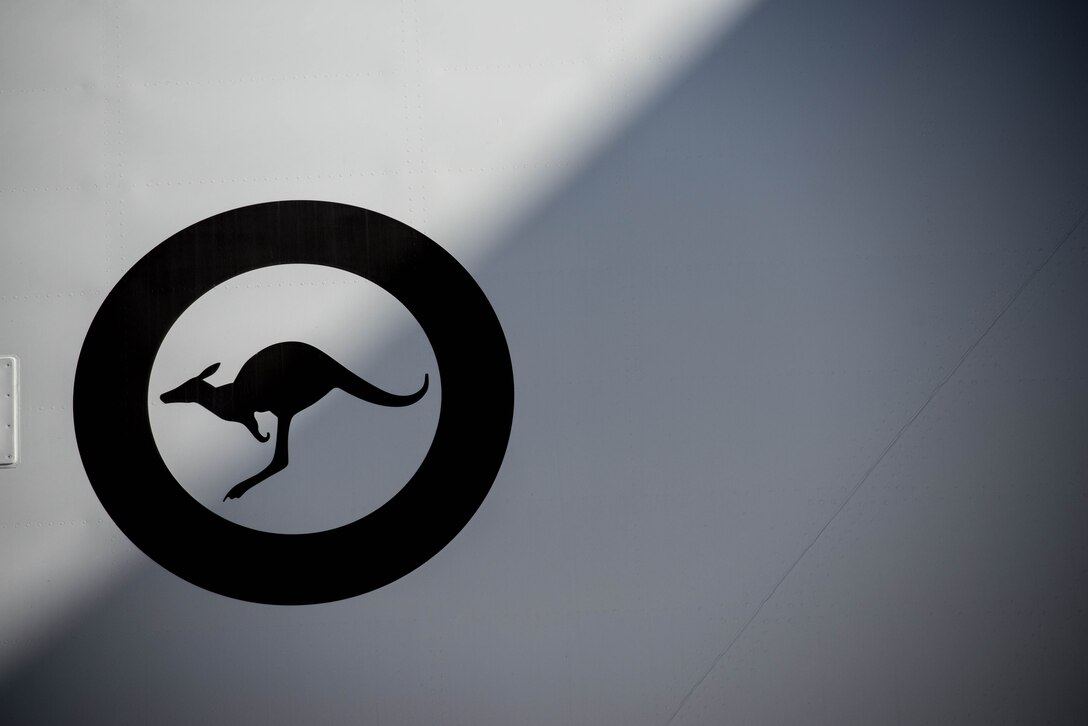 The Royal Australian Air Force roundel is the official symbol on all RAAF aircraft, used on the side of a C-17 Globemaster III at Luke Air Force Base, Ariz., Dec. 3, 2018. The kangaroo has been the center of the roundel since 1956. (U.S. Air Force photo by Staff Sgt. Jensen Stidham)