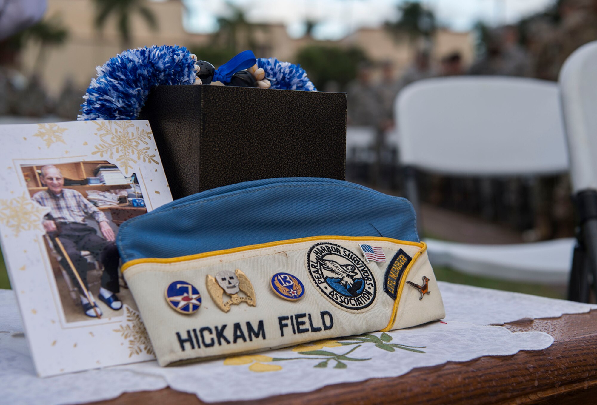 The ashes of a survivor are displayed during the Hickam Field Dec. 7th Remembrance Ceremony at Atterbury Circle, Joint Base Pearl Harbor-Hickam, Hawaii, Dec. 7, 2018. The ceremony included performances by the Air Force Band of the Pacific, laying commemorative wreaths, and an honor guard three-round volley. (U.S. Air Force photo by Tech. Sgt. Heather Redman)