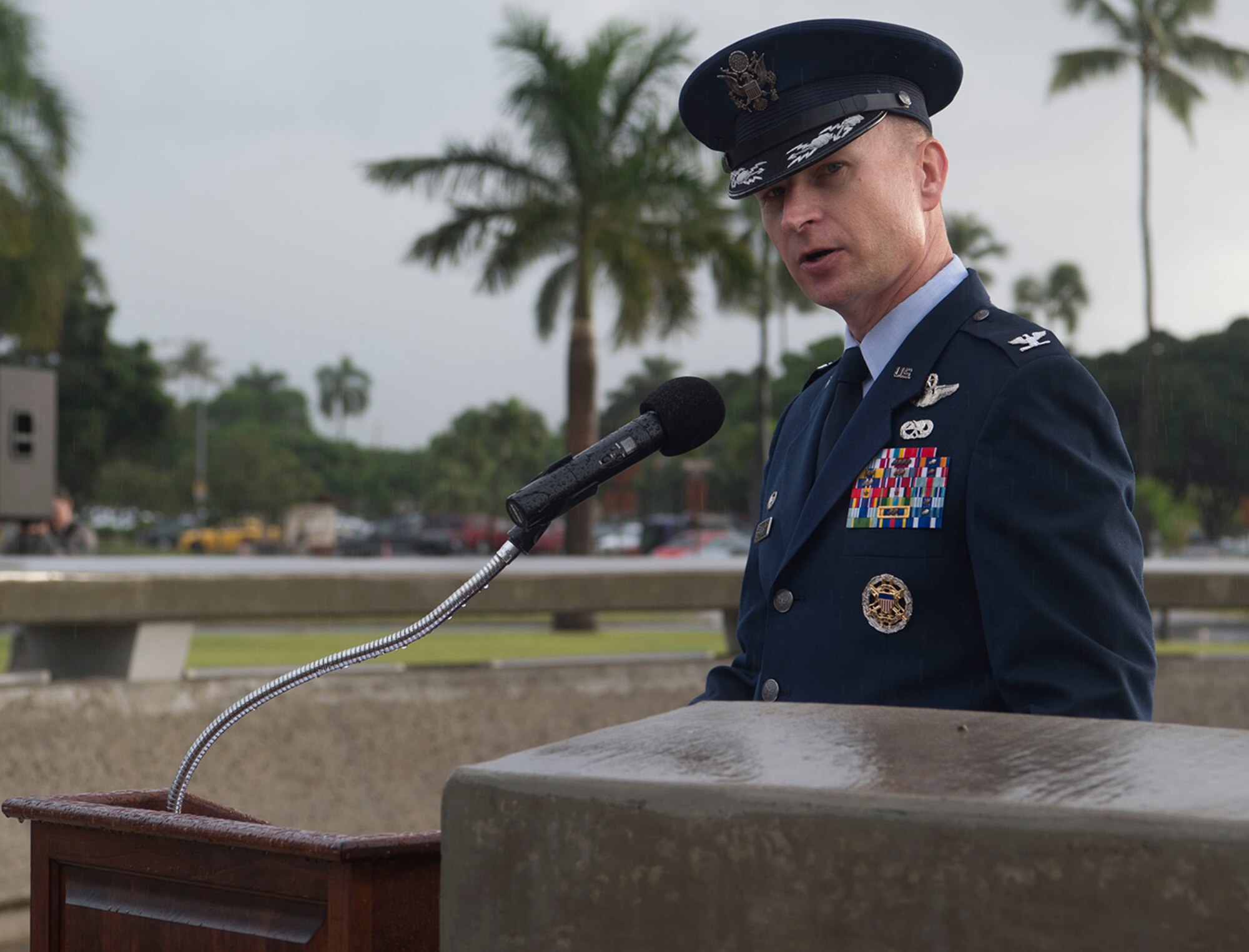 Col. Halsey Burks, 15th Wing commander, speaks during the Hickam Field Dec. 7th Remembrance Ceremony at Atterbury Circle, Joint Base Pearl Harbor-Hickam, Hawaii, Dec. 7, 2018. The 15th Wing hosted the ceremony to remember the 77th anniversary of the attacks that claimed the lives of 189 Army Air Corps Airmen and civilians and injured 303 others. (U.S. Air Force photo by Tech. Sgt. Heather Redman)