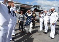 India's Minister of Defence, Nirmala Sitharaman is piped ashore after touring the USS Michael Murphy. India and the U.S. are global partners in defense and security and are working together to assure a free and open Indo-Pacific.