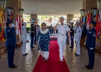 India's Minister of Defence, Nirmala Sitharaman, and Commander, U.S. Indo-Pacific Command (USINDOPACOM), Adm. Phil Davidson are piped aboard during an honors ceremony at USINDOPACOM headquarters. India and the U.S. are global partners in defense and security and are working together to assure a free and open Indo-Pacific.