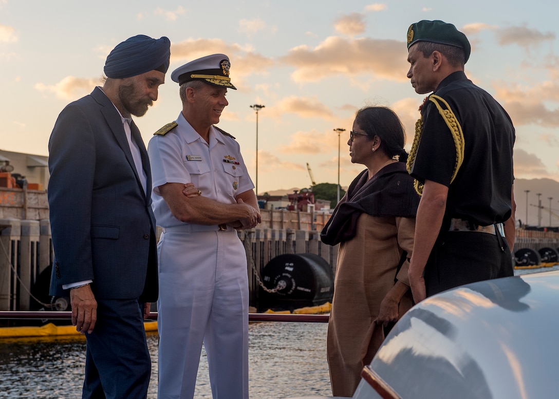 Admiral Phil Davidson, commander of U.S. Indo-Pacific Command, hosts India’s Minister of Defense, Nirmala Sitharaman, on barge tour of historic Pearl Harbor, Hawaii, December 6, 2018 (U.S. Navy/Robin W. Peak)