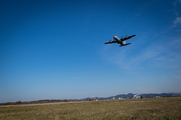 A C-130J Super Hercules departs Osan Air Base, Republic of Korea, transporting a Balangiga Bell to Kadena Air Base, Japan, Dec. 7, 2018. The 51st Logistics Readiness Squadron was called on by Pacific Air Forces to create a special airlift mission to support the U.S. Army’s shipment of the bell. (U.S. Air Force photo by Staff Sgt. Benjamin Raughton)