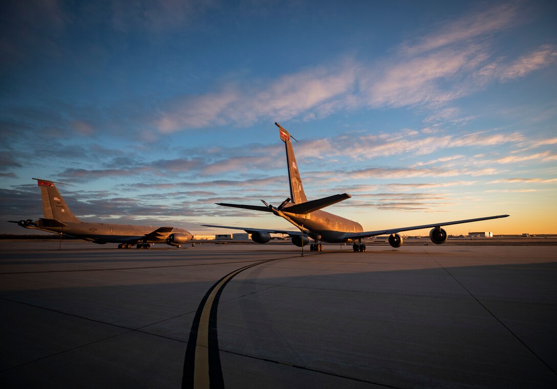 U.S. Air Force KC-135R Stratotanker refueling aircraft from the New Jersey Air National Guard’s 108th Wing sit on the flight line during sunrise on Joint Base McGuire-Dix-Lakehurst, N.J., Dec. 8, 2018. The KC-135R Stratotankers assigned to the 141st Air Refueling Squadron allow the wing to support Air Mobility Command with mid-air refueling and air bridge support to overseas contingency operations and homeland defense. (U.S. Air National Guard photo by Master Sgt. Matt Hecht)