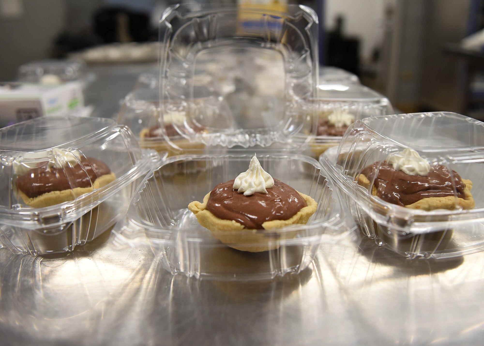 Chocolate pudding pies sit on a table at the Ozark Inn dining facility on Nov. 20, 2018 at Whiteman Air Force Base, Missouri.
