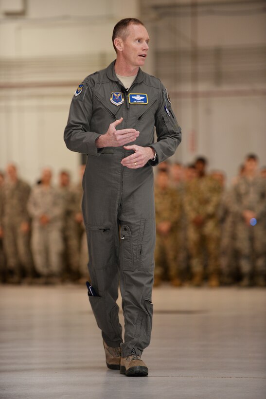 Maj. Gen. James C. Dawkins Jr., Eighth Air Force commander, addresses his audience during an all-call formation,
