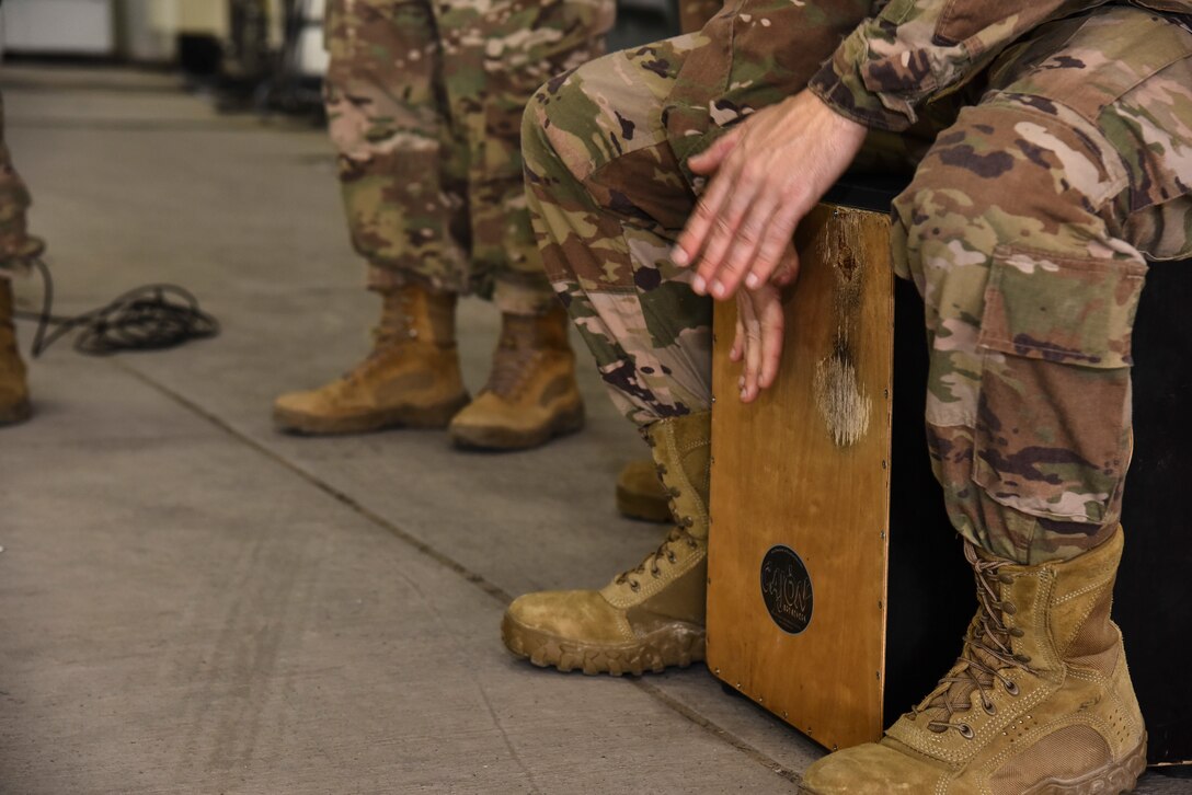 U.S. Air Force Staff Sgt. Matthew Levine, U.S. Air Forces Central Command Band percussionist, performs at Al Dhafra Air Base, United Arab Emirates, Dec. 4, 2018. The AFCENT Band rotates several ensembles through the area of responsibility that perform a wide variety of musical styles to appeal to audiences of all ages and backgrounds. (U.S. Air Force photo by Senior Airman Mya M. Crosby)