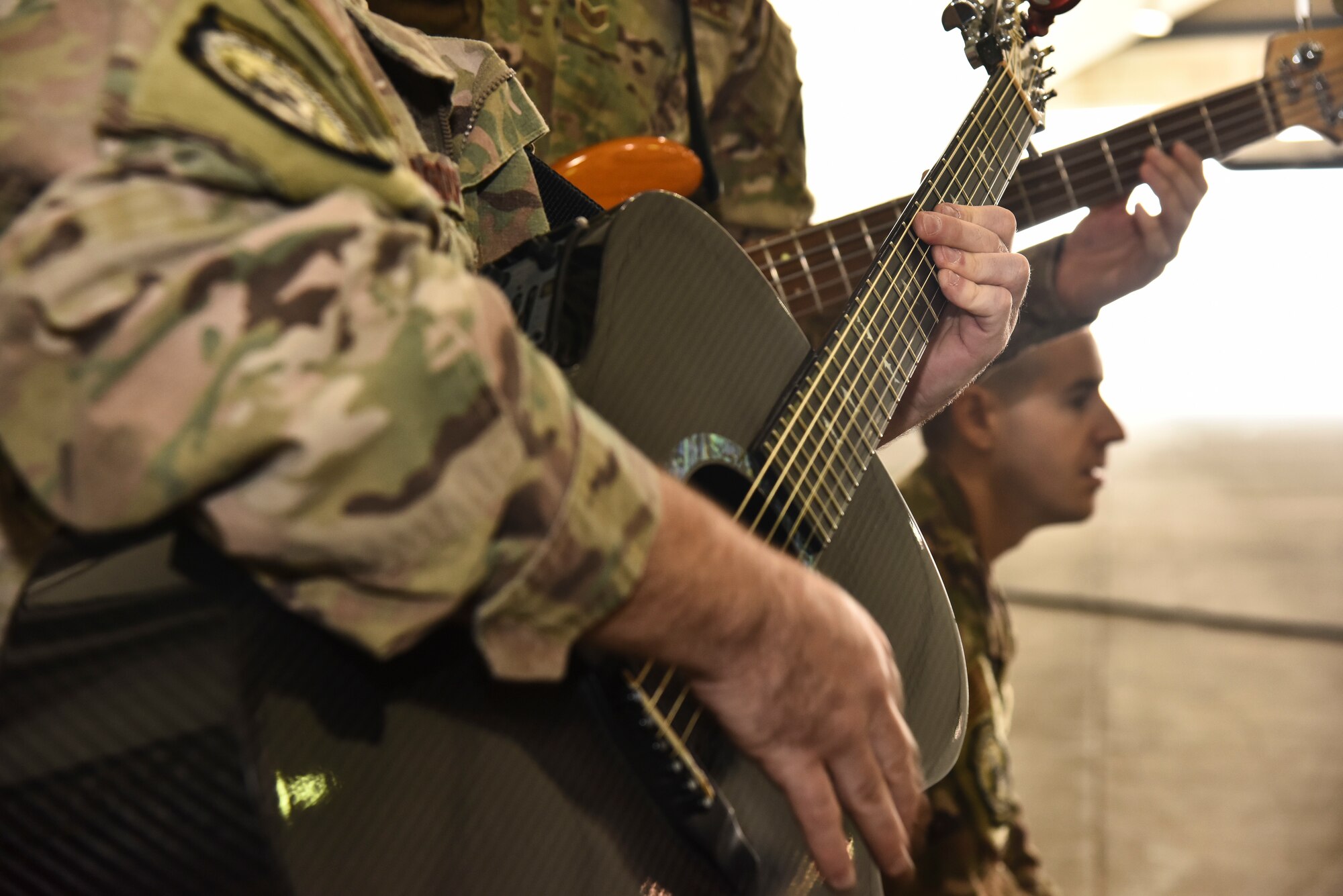 The U.S. Air Forces Central Command Band performs at Al Dhafra Air Base, United Arab Emirates, Dec. 4, 2018. The AFCENT Band rotates several ensembles through the area of responsibility that perform a wide variety of musical styles to appeal to audiences of all ages and backgrounds. (U.S. Air Force photo by Senior Airman Mya M. Crosby)