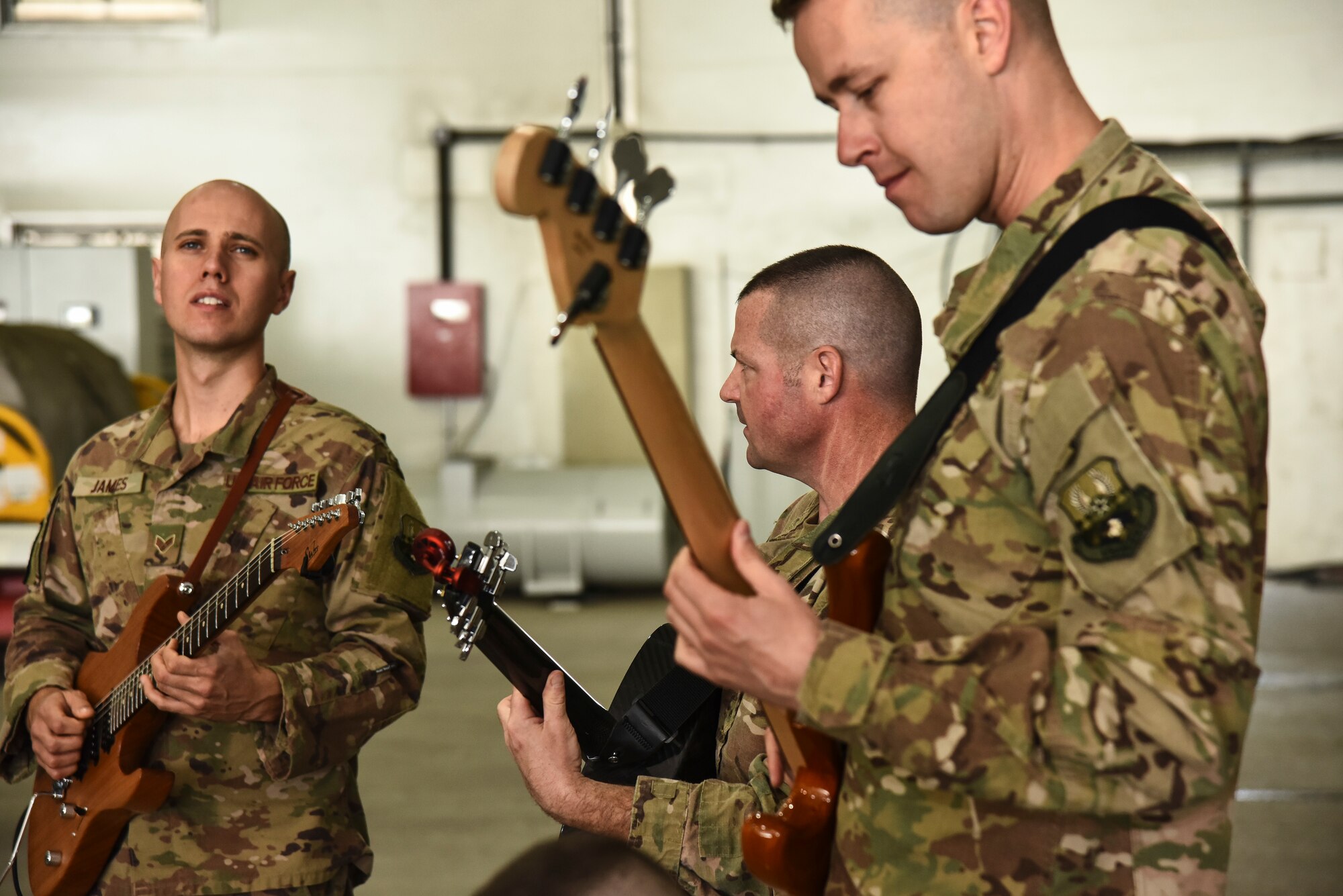 The U.S. Air Forces Central Command Band performs at Al Dhafra Air Base, United Arab Emirates, Dec. 4, 2018. The AFCENT Band rotates several ensembles through the area of responsibility that perform a wide variety of musical styles to appeal to audiences of all ages and backgrounds. (U.S. Air Force photo by Senior Airman Mya M. Crosby)