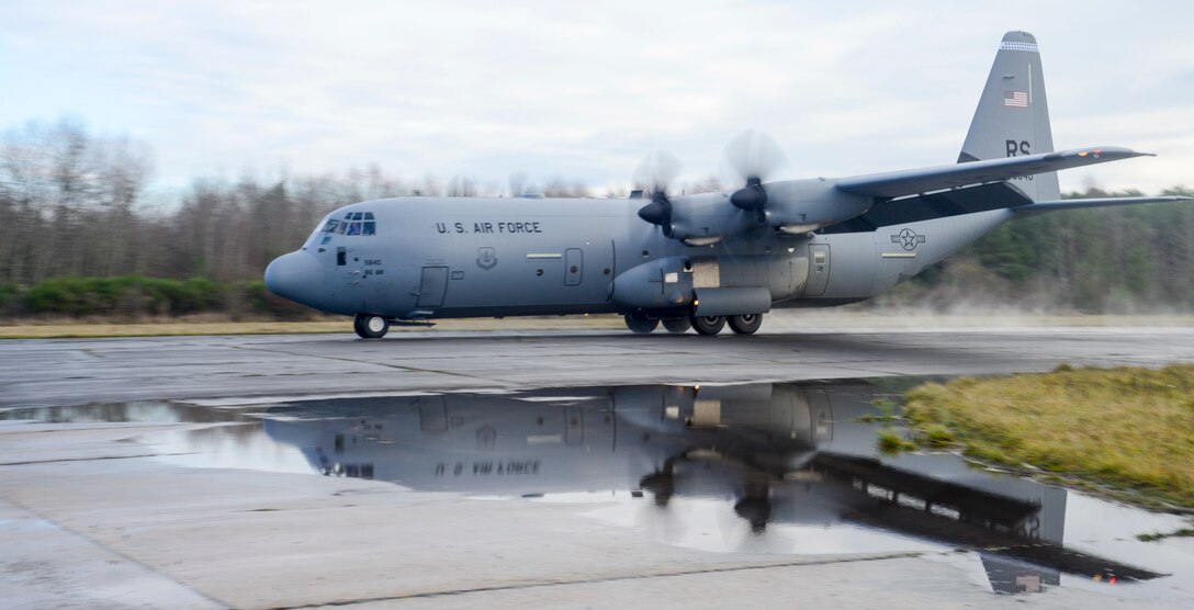 A C-130J Super Hercules aircraft assigned to the 37th Airlift Squadron, 86th Airlift Wing, Ramstein Air Base, Germany, lands on a runway during exercise Contested Forge on Grostenquin Air Base, France, Dec. 4, 2018. Contested Forge is an annual exercise that tests the 435th Contingency Response Group’s ability to build a forward operating base and conduct airfield operations in an austere environment, friendly or hostile. (U.S. Air Force photo by Staff Sgt. Timothy Moore)