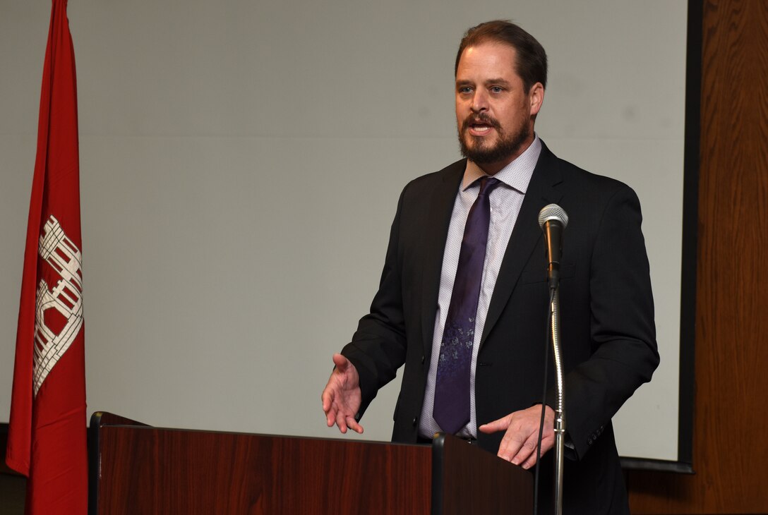 Travis A. Wiley, assistant program coordinator of the Leadership Development Program Level II, makes opening comments about the class during a graduation ceremony Dec. 4, 2018 at the Scarritt Bennett Center in Nashville, Tenn. (USACE Photo by Lee Roberts)