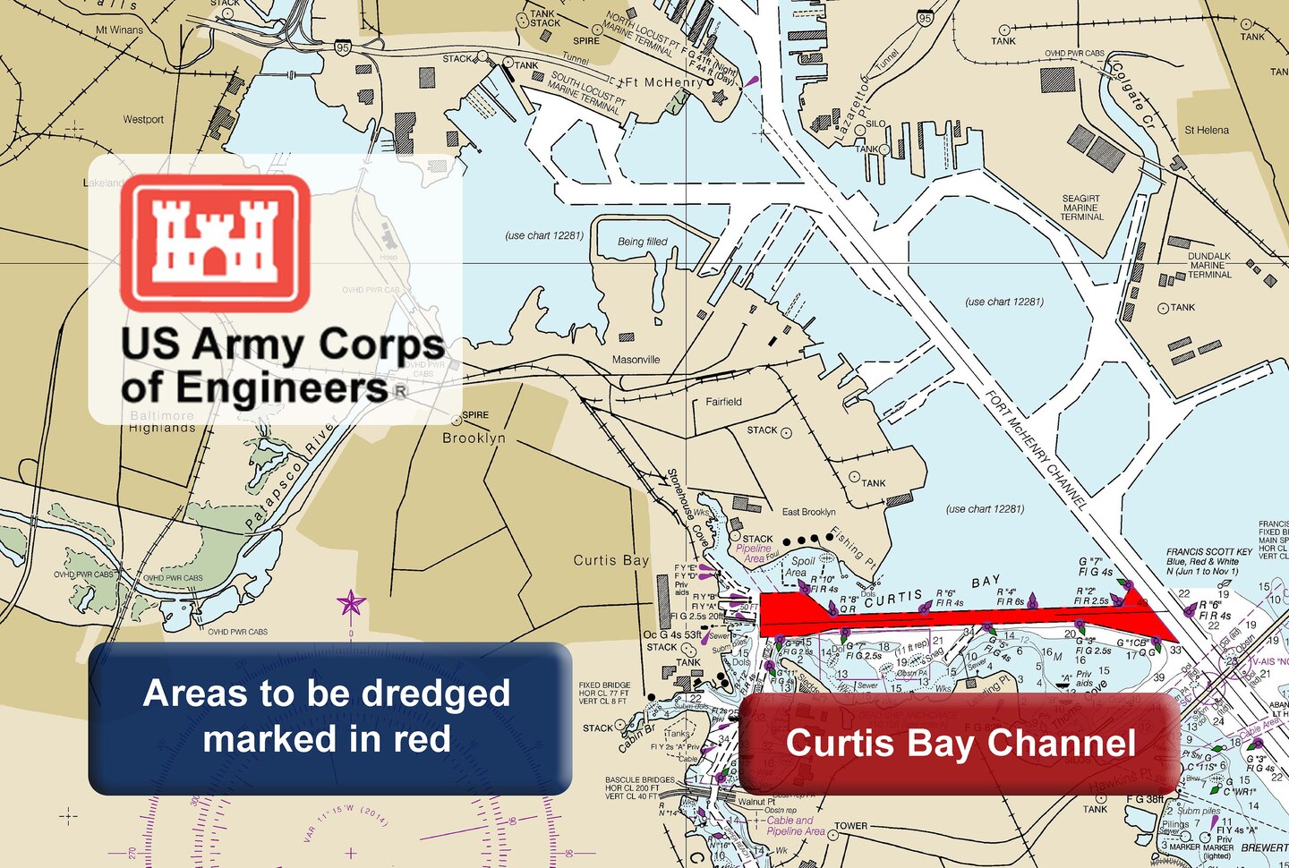 This map shows Curtis Bay Channel, part of the Baltimore Harbor and Channels project being dredged by the U.S. Army Corps of Engineers in FY19. Five additional Baltimore Harbor approach channels, not pictured here, will also be dredged as part of the overall FY19 maintenance dredging scheduled to begin December 2018 and continue through spring 2019 through a $17.5 million contract. The work is part of the regular maintenance of the multiple channels that go from the mouth of the Chesapeake Bay in Virginia all the way into Baltimore Harbor that require periodic dredging to ensure continued safe navigation for vessels going in and out of the Port of Baltimore.