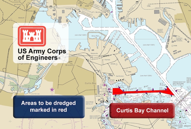This map shows Curtis Bay Channel, part of the Baltimore Harbor and Channels project being dredged by the U.S. Army Corps of Engineers in FY19. Five additional Baltimore Harbor approach channels, not pictured here, will also be dredged as part of the overall FY19 maintenance dredging scheduled to begin December 2018 and continue through spring 2019 through a $17.5 million contract. The work is part of the regular maintenance of the multiple channels that go from the mouth of the Chesapeake Bay in Virginia all the way into Baltimore Harbor that require periodic dredging to ensure continued safe navigation for vessels going in and out of the Port of Baltimore.