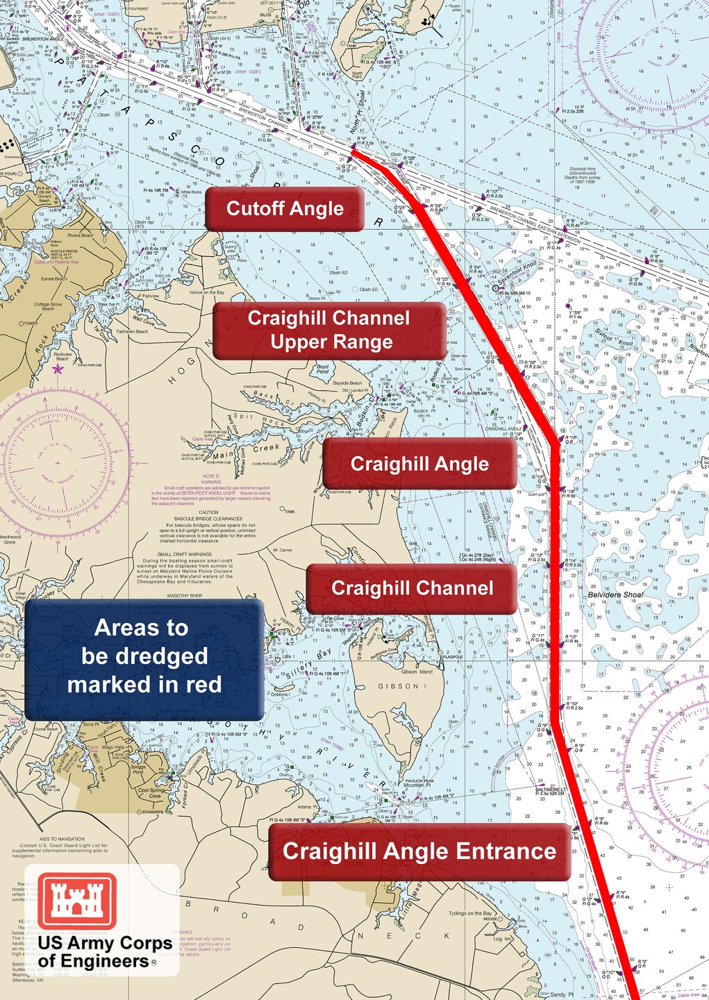 This map shows the five Baltimore Harbor approach channels being dredged by the U.S. Army Corps of Engineers in FY19. Curtis Bay Channel, not pictured here, will also be dredged as part of the FY19 maintenance dredging scheduled to begin December 2018 and continue through spring 2019 through a $17.5 million contract. The work is part of the regular maintenance of the multiple channels that go from the mouth of the Chesapeake Bay in Virginia all the way into Baltimore Harbor that require periodic dredging to ensure continued safe navigation for vessels going in and out of the Port of Baltimore.