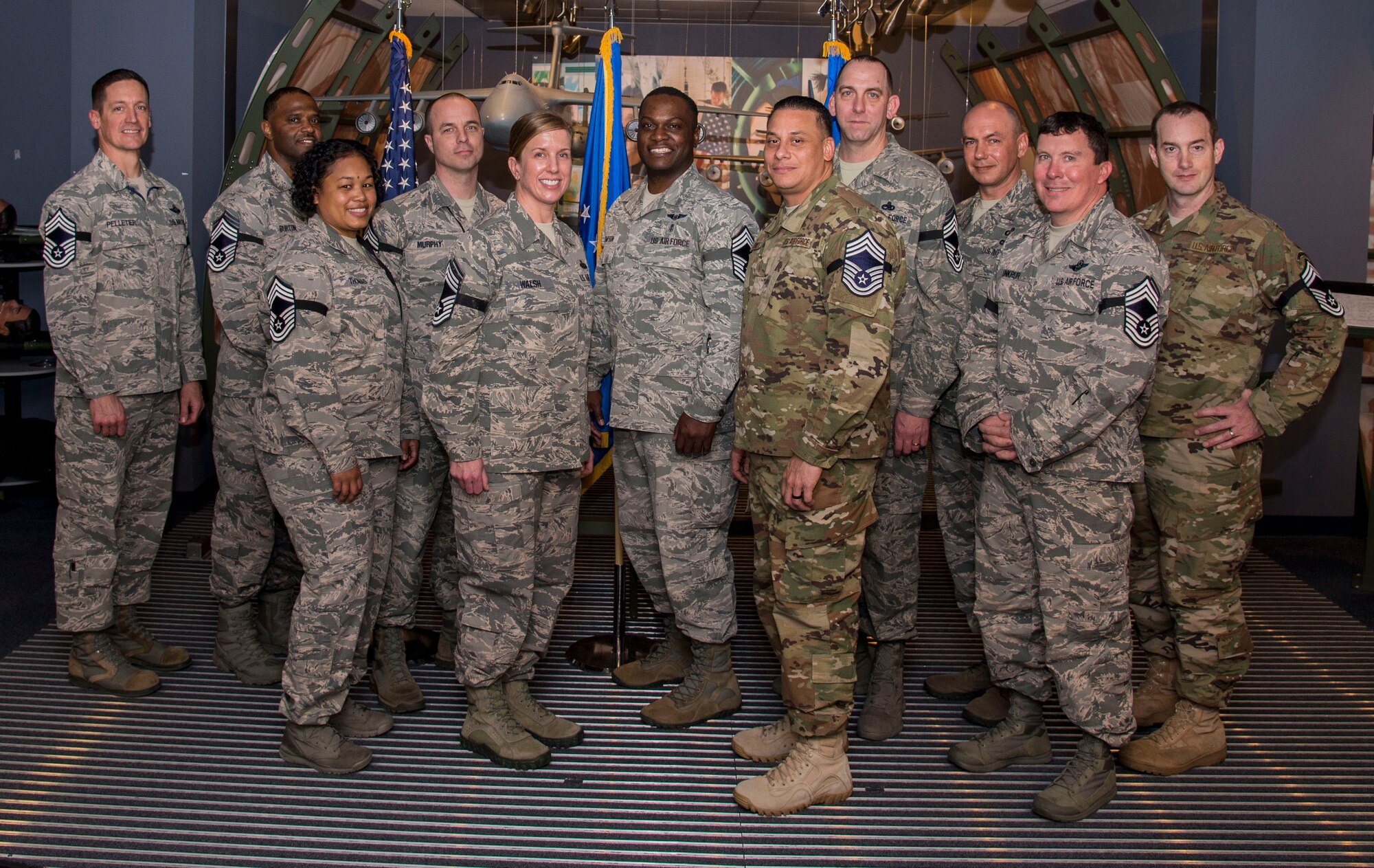 Scott Air Force Bases’ newly selected Chief Master Sergeants take a group photo, Dec. 6, 2018, at Scott AFB, Ill. A total of 15 Senior Master Sergeants from Scott AFB were selected to be promoted to the rank of Chief Master Sergeant, they will become part of the top 1 percent of the enlisted force.