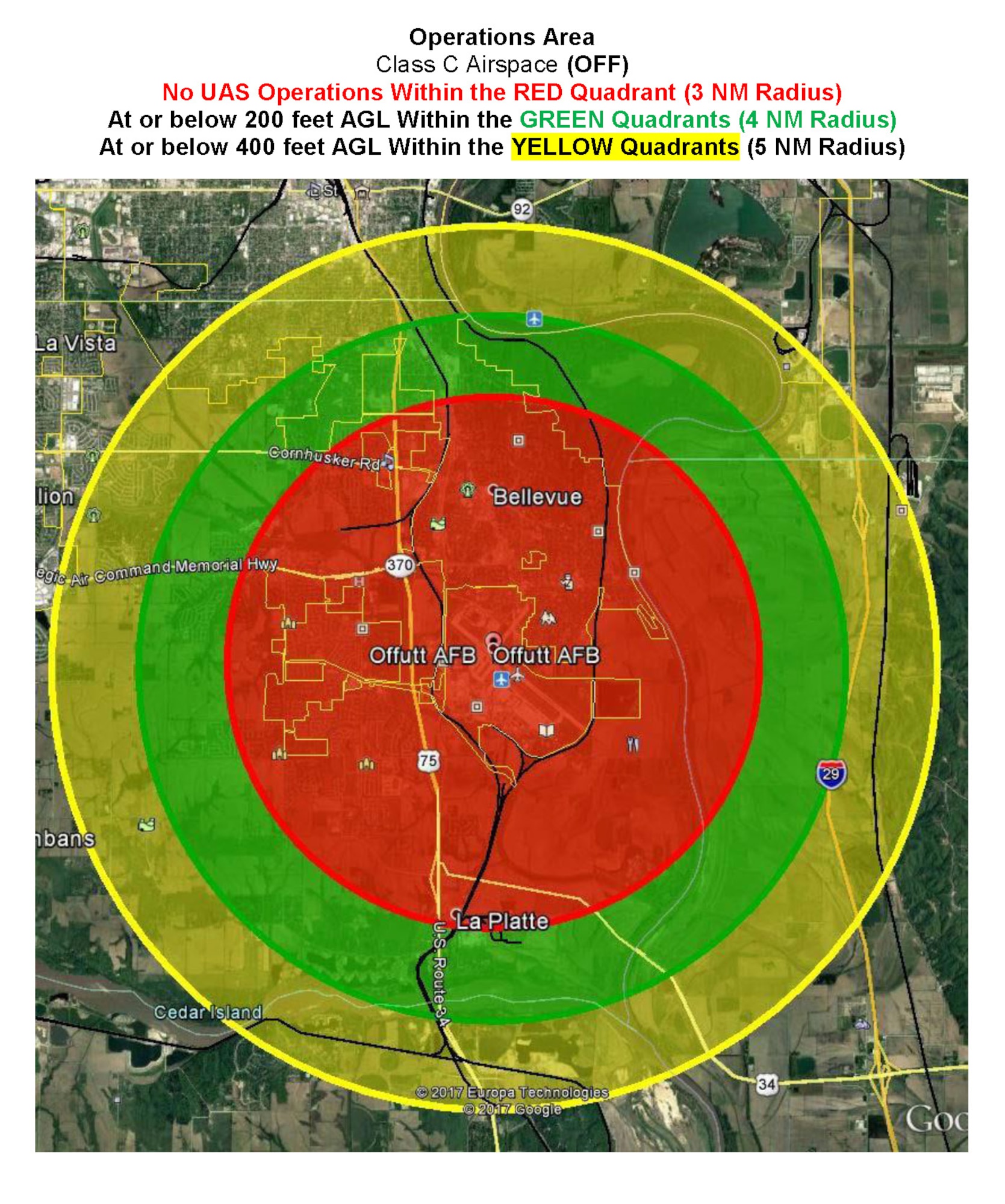 As depicted in the map, owners should note that Offutt main base is designated as Class C airspace, so an FAA waiver must be approved 90 days prior to sUAS utilization. Other zones have restrictions as well, see image for details or visit the Federal Aviation Administration's website.