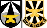 The shoulder sleeve insignia (left) and distinctive unit insignia for Army Futures Command. With a golden anvil as its main symbol, the shoulder patch and unit insignia are a nod to former Gen. Dwight D. Eisenhower's personal coat of arms that used a blue-colored anvil.