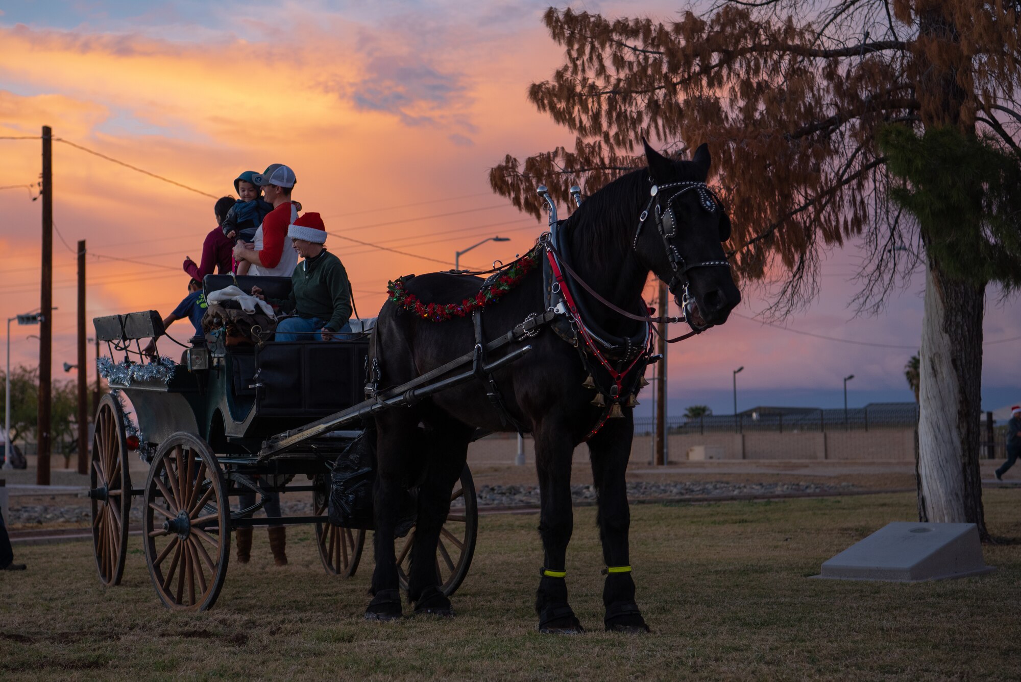 A horse-drawn carriage loaded with passengers, prepares to trot around Fowler Park, Dec. 7, 2018, at Luke Air Force Base, Ariz.