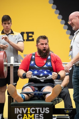Retired Capt. Lawrence "Rob" Hufford, USAF, yells triumphantly after lifting 190 kg (418 lbs), setting a personal best in the heavyweight category of power-lifting at the 2018 Invictus Games. 500 wounded warriors from 18 countries gathered in Sydney, Australia to compete in adaptive sporting events from 21-27 October 2018.
