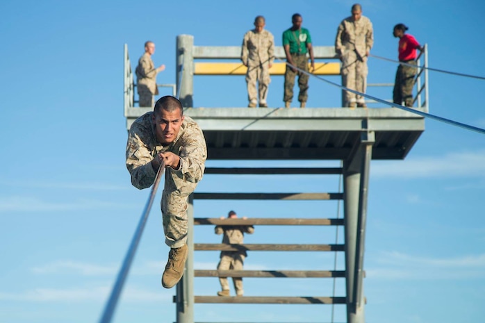 The confidence course challenges recruits to face their fears and overcome them. Annually, more than 17,000 males recruited from the Western Recruiting Region are trained at MCRD San Diego. Alpha Company is scheduled to graduate Feb 1. Photo by: Cpl. Brooke C. Woods