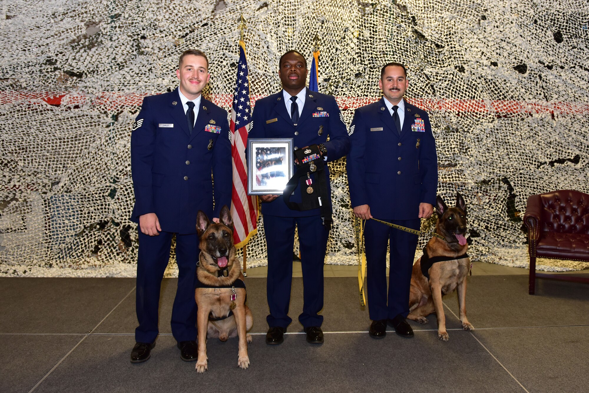 Military working dogs retire inside a building surrounded by people in uniform.