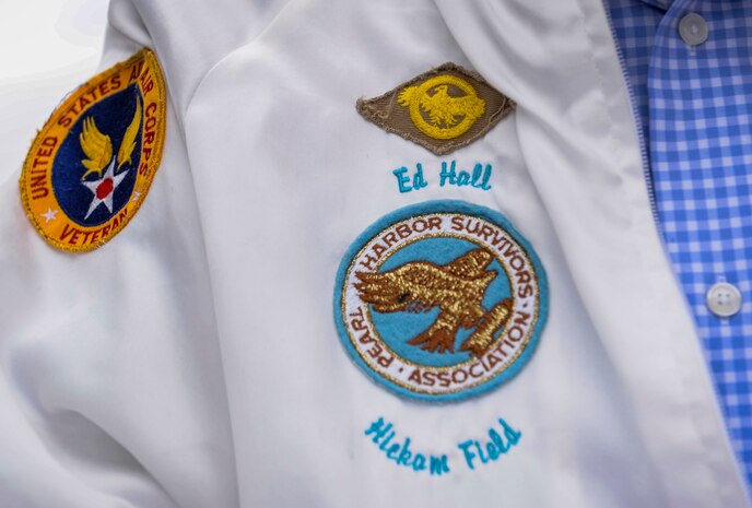 Ed Hall, Pearl Harbor Survivor, celebrates National Pearl Harbor Remembrance Day Dec. 7, 2018 at Nellis Air Force Base, Nevada. Hall spent Pearl Harbor Day touring Nellis and visiting Airmen. (U.S. Air Force photo by Airman 1st Class Bailee A. Darbasie)