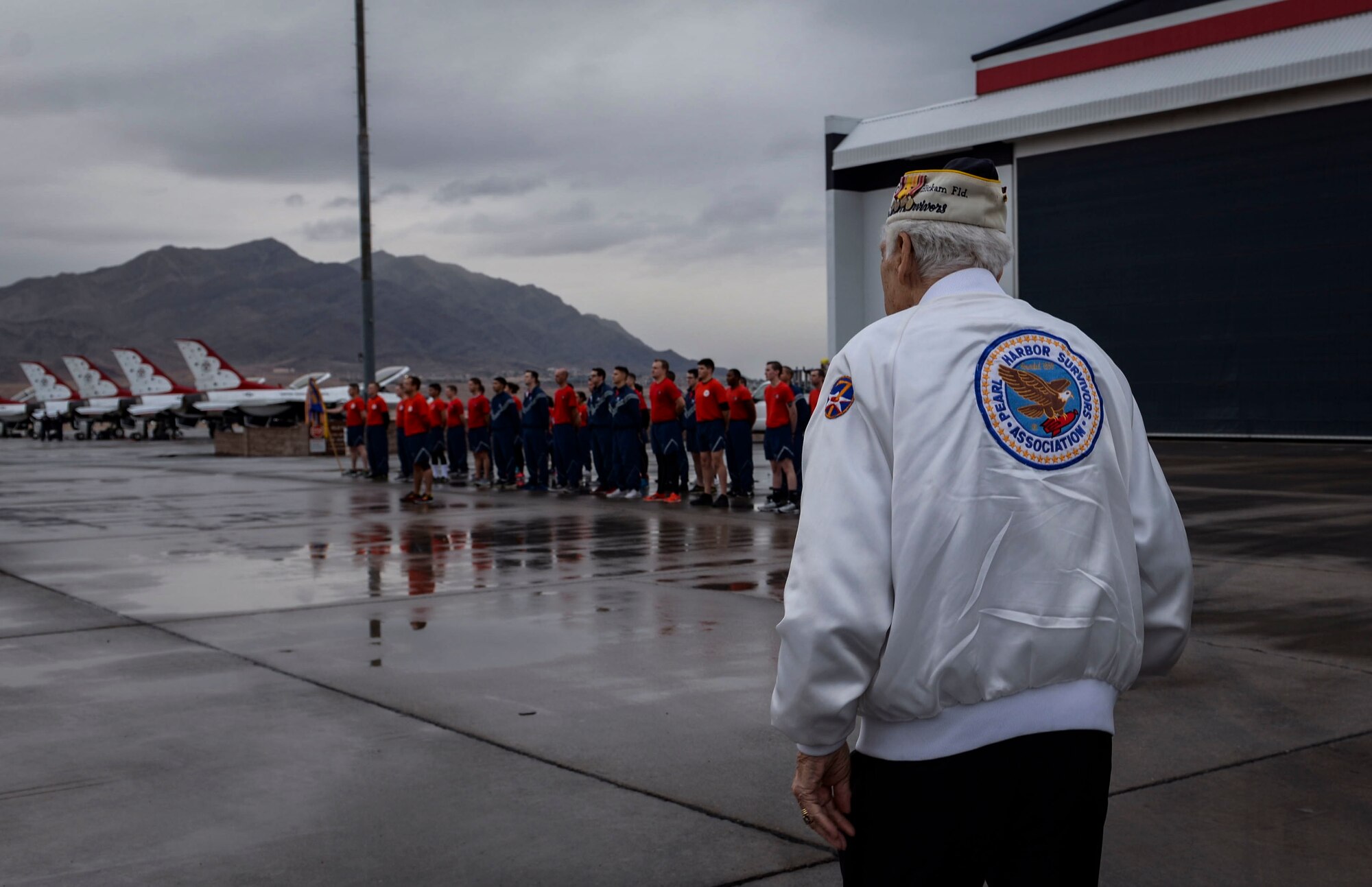 Ed Hall, Pearl Harbor Survivor, visits the Thunderbirds Hangar Dec. 7, 2018 at Nellis Air Force Base, Nevada. Hall’s stop at the hangar was one of many stops on his base tour. (U.S. Air Force photo by Airman 1st Class Bailee A. Darbasie)