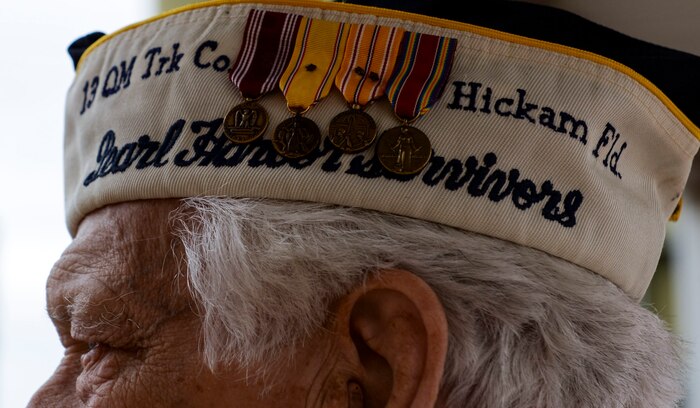 Ed Hall, Pearl Harbor Survivor, celebrates National Pearl Harbor Remembrance Day Dec. 7, 2018 at Nellis Air Force Base, Nevada. Hall’s base tour included stops at the Thunderbirds Museum, Threat Training Facility and Crosswinds Dining Facility. (U.S. Air Force photo by Airman 1st Class Bailee A. Darbasie)
