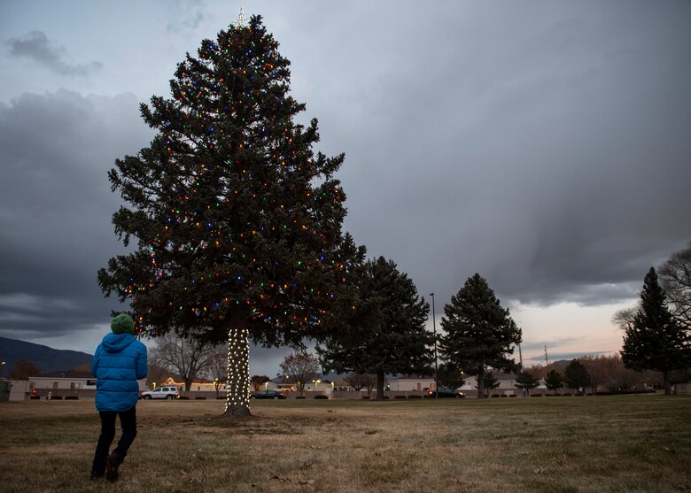 Andrei Fisher looks at the lights on the Kirtland Air Force Base Christmas tree seconds after lighting Dec. 6, 2018. The tree can be viewed just east of the base chapel near Wyoming Blvd. (U.S. Air Force photo by Airman 1st Class Austin J. Prisbrey)