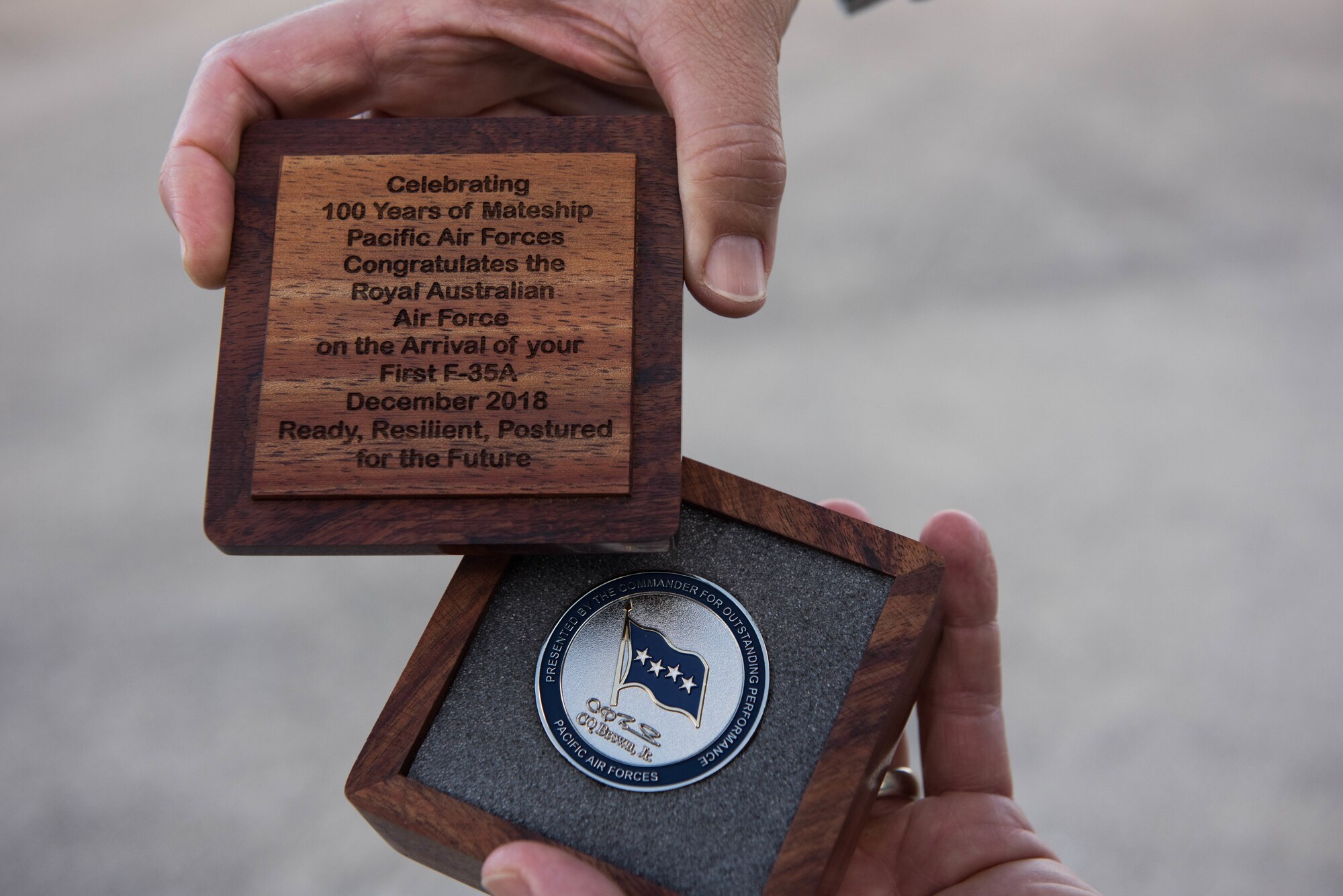 The coin to be presented to Royal Australian Air Force Air Marshal Leo Davies, Chief of Air Force, on behalf of U.S. Air Force Gen. CQ Brown, Jr., Pacific Air Forces commander.