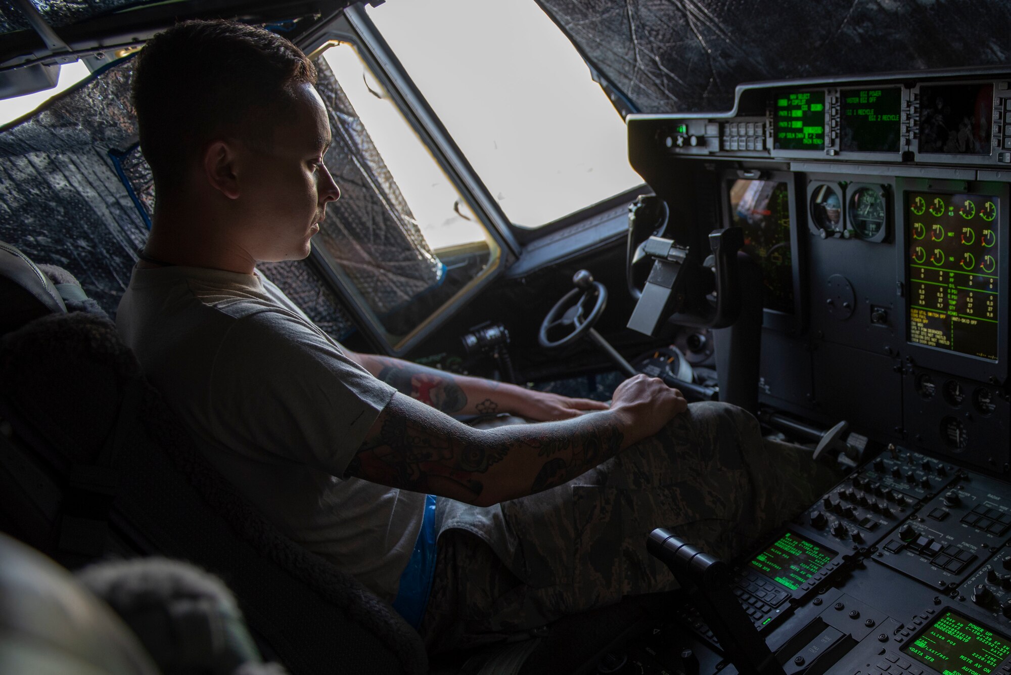 Staff Sgt. Matthew Haston, 374th Aircraft Maintenance Squadron electrical and environmental systems craftsman, goes over the C-130J Super Hercules’ instruments during a pre-flight inspection during Operation Christmas Drop 2018 at Andersen Air Force Base, Guam, Dec. 9, 2018.
