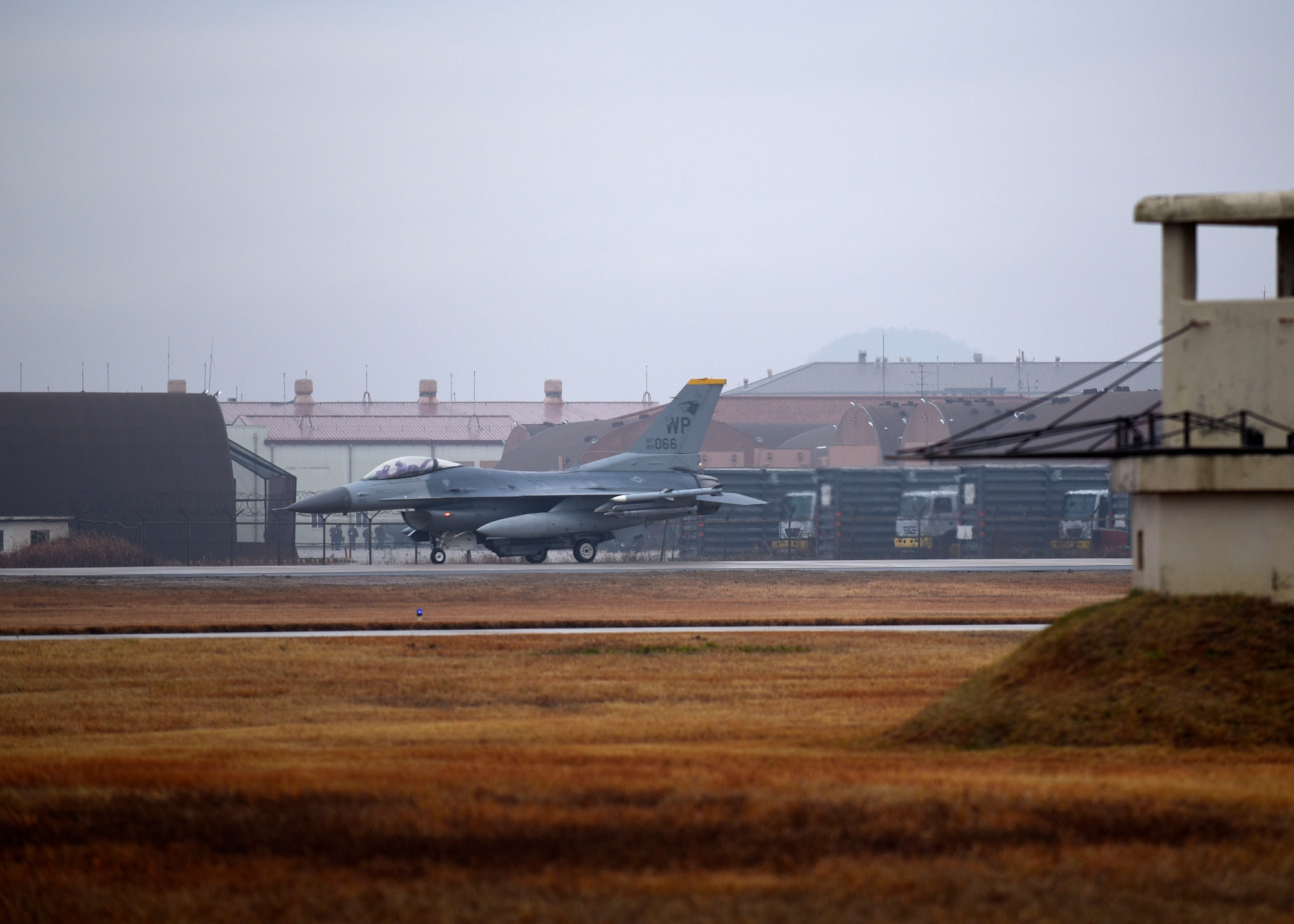 A U.S. Air Force F-16 Fighting Falcon assigned to the 8th Fighter Wing taxis to the runway in preparation for takeoff at Kunsan Air Base, Republic of Korea, Dec. 3, 2018. The highly maneuverable aircraft can withstand up to nine times the force of gravity with a full load of internal fuel. (U.S. Air Force photo by Tech. Sgt. Charles McNamara)