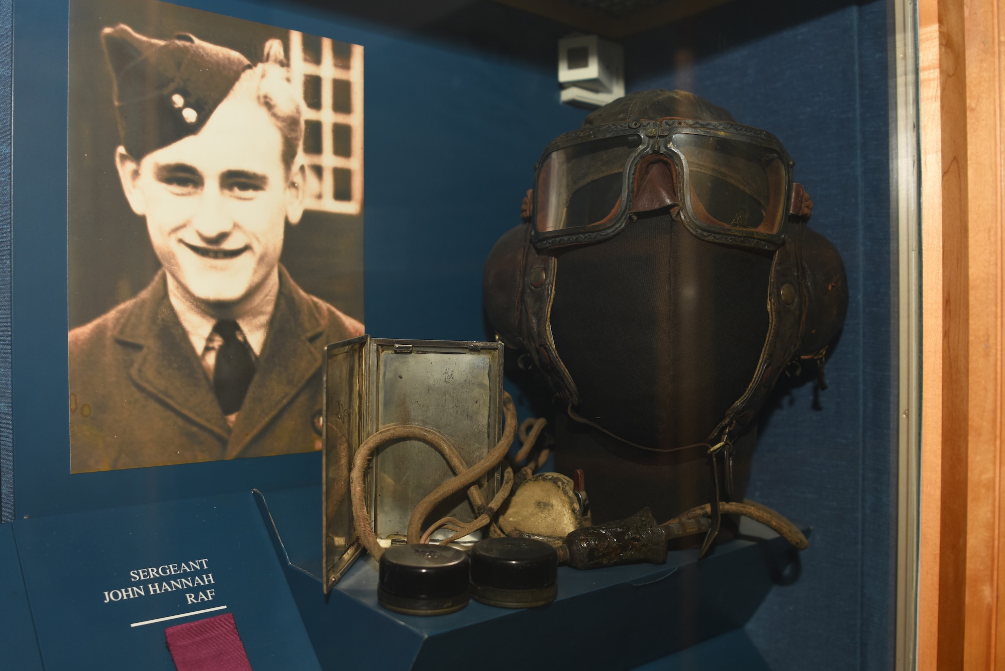 Flight Sergeant John Hannah’s burned flight equipment from World War II action, which would earn him the Victoria Cross, on display at the RAF Museum, London, England, Nov. 30, 2018. At 18 years old, Hannah was the youngest recipient of the Victoria Cross for aerial operations. Hannah died on June 7, 1947, after contracting tuberculosis in 1941. (U.S. Air Force photo by Airman 1st Class Brandon Esau)