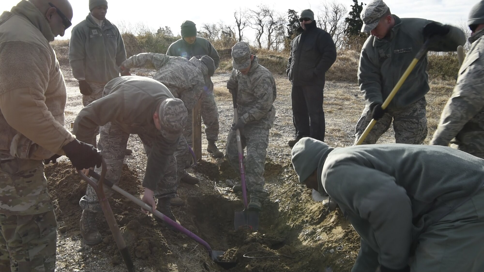 Airmen assigned to the 436th Civil Engineer Squadron build defensive fighting positions in a simulated deployed location during Prime Base Engineer Emergency Force (Prime BEEF) Day Nov. 28, 2018, at Dover Air Force Base, Del. Prime BEEF Day is a squadron-wide training day focused on maintaining and refreshing all civil engineering airmen on readiness requirements and operational capabilities. (U.S. Video by Airman First Class Dedan D. Dials)