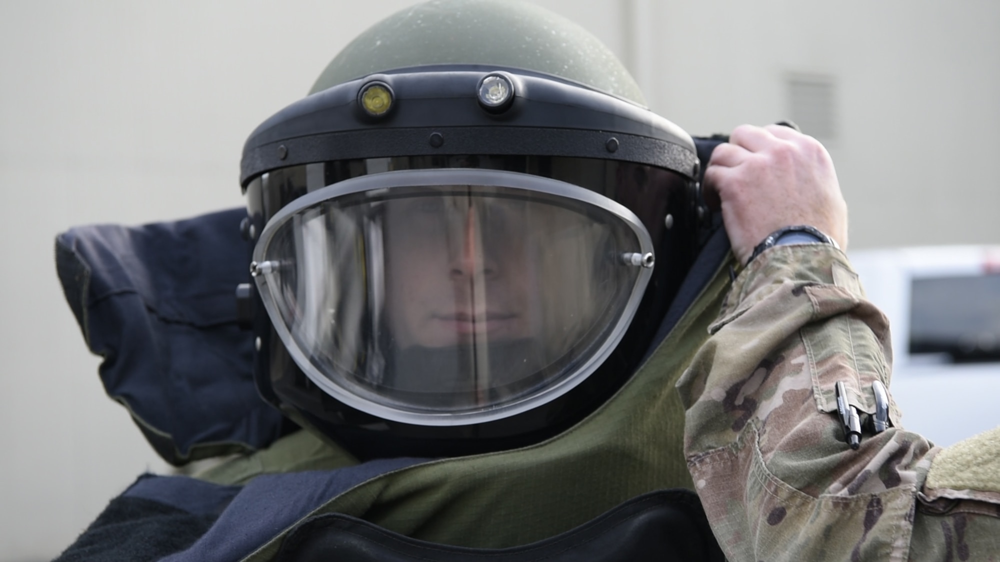 Senior Airman Jacob Gerow, 436th Civil Engineer Squadron, explosive ordnance disposal (EOD) journeyman, dons his bomb suit for his part in EOD’s improvised explosive device exercise during Prime Base Engineer Emergency Force (Prime BEEF) Day Nov. 28, 2018, at Dover Air Force Base, Del. Prime BEEF Day is a squadron-wide training day focused on maintaining and refreshing all civil engineering Airmen on readiness requirements and operational capabilities. (U.S. Photo by Airman First Class Dedan D. Dials)