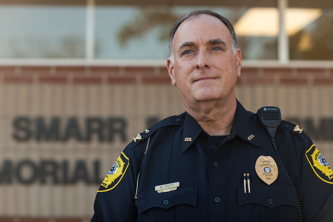 Americus police chief Mark Scott, stands outside the Nicholas Smarr and Jody Smith Memorial Building at Georgia Southwestern State University in Americus, Ga., Dec. 7, 2018. Smarr and Smith were both police officers in Americus who were killed in the line of duty on Dec. 7, 2016; Smarr was also a Lance Corporal in the Marine Corps Reserve. (U.S. Marine Corps photo by Cpl. Niles Lee)
